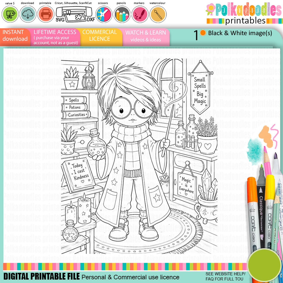 Wizard Magic little Dude - printable Digital Stamp & clipart craft Download for Card Making Scrapbooking Junk Journals , coloring book, Stickers. exams study school graduation.