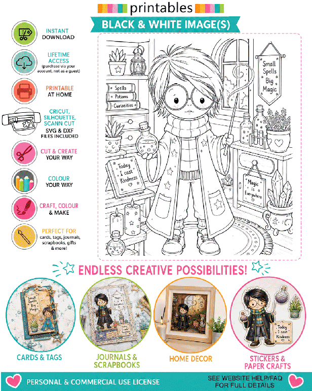 Wizard Magic little Dude - printable Digital Stamp & clipart craft Download for Card Making Scrapbooking Junk Journals , coloring book, Stickers. exams study school graduation.