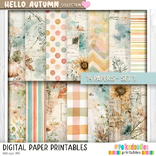 Hello Autumn Pretty printable paper patterns set 1 - craft, card making, junk journal, digital scrapbooking