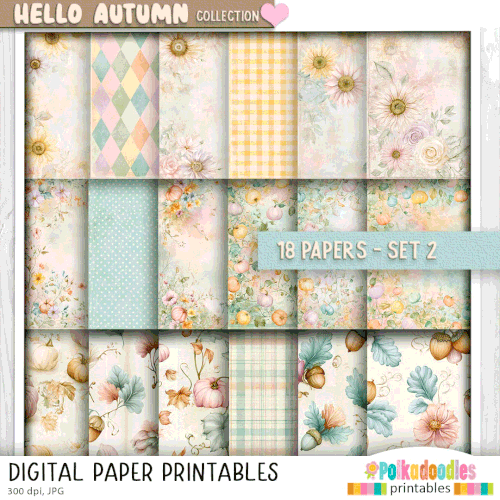 Hello Autumn Pretty printable paper patterns set 2 - craft, card making, junk journal, digital scrapbooking