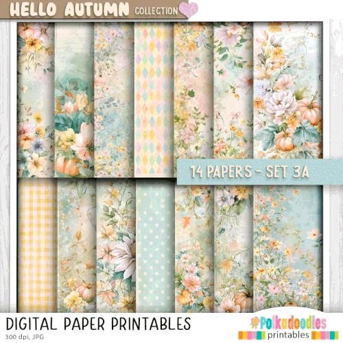 Hello Autumn Pretty printable paper patterns set 3a - craft, card making, junk journal, digital scrapbooking.