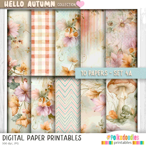 Hello Autumn Pretty printable paper patterns set 4a - craft, card making, junk journal, digital scrapbooking.