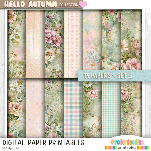 Hello Autumn Pretty printable paper patterns set 5 - craft, card making, junk journal, digital scrapbooking