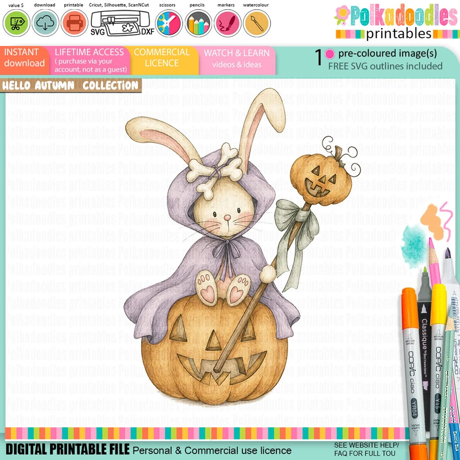 Bunny rabbit pumpkin precoloured clipart - Hello Autumn printable download for craft, card making, junk journal, digital scrapbooking.