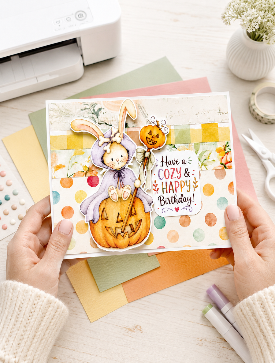 Bunny rabbit pumpkin precoloured clipart - Hello Autumn printable download for craft, card making, junk journal, digital scrapbooking.