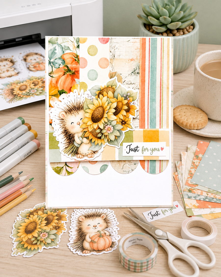 Pre-coloured digital image of a cute hedgehog carrying a large bouquet of yellow sunflowers, flowers, berries and soft green foliage in a delicate watercolour style from the Polkadoodles Hello Autumn collection.