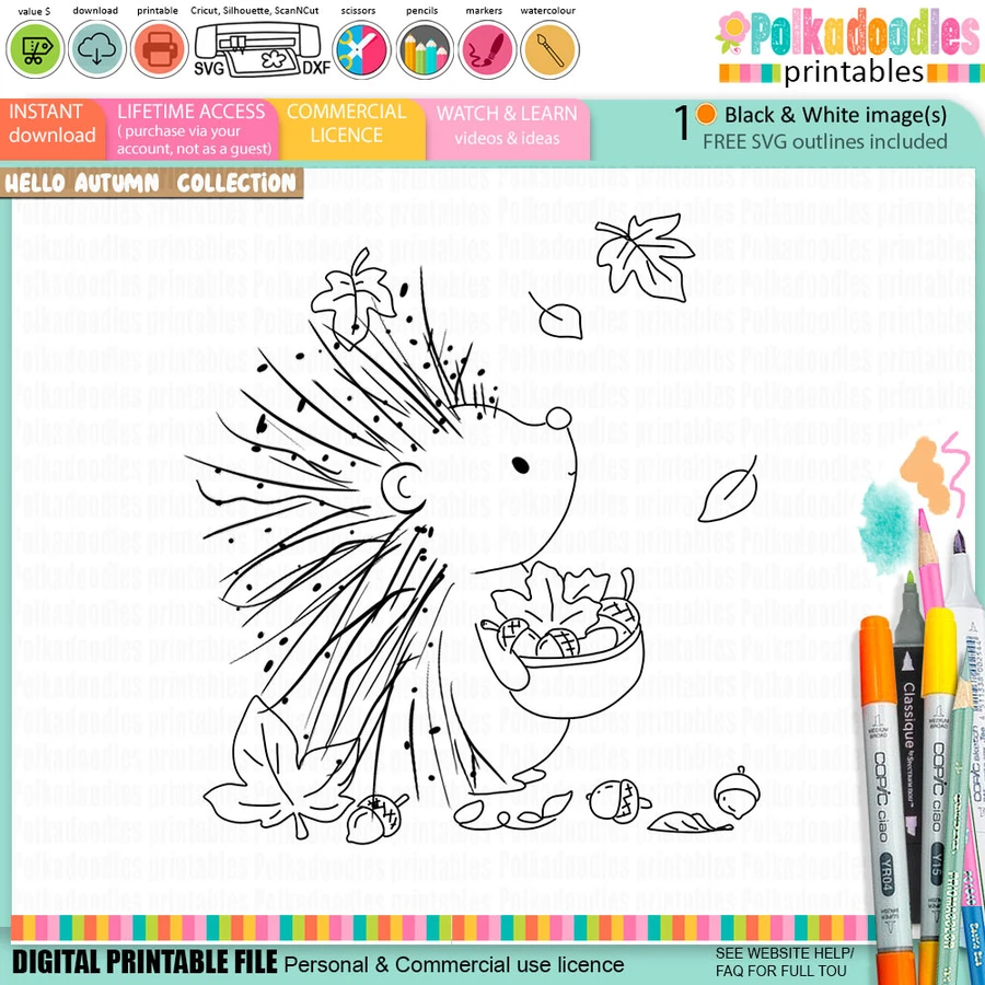 Black and white printable digital stamp of a cute hedgehog holding a bowl of acorns and Fall leaves, surrounded by falling leaves and acorns from the Polkadoodles Hello Autumn collection.