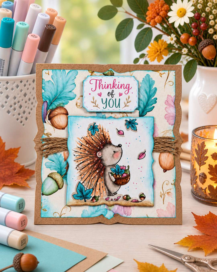 Black and white printable digital stamp of a cute hedgehog holding a bowl of acorns and Fall leaves, surrounded by falling leaves and acorns from the Polkadoodles Hello Autumn collection.