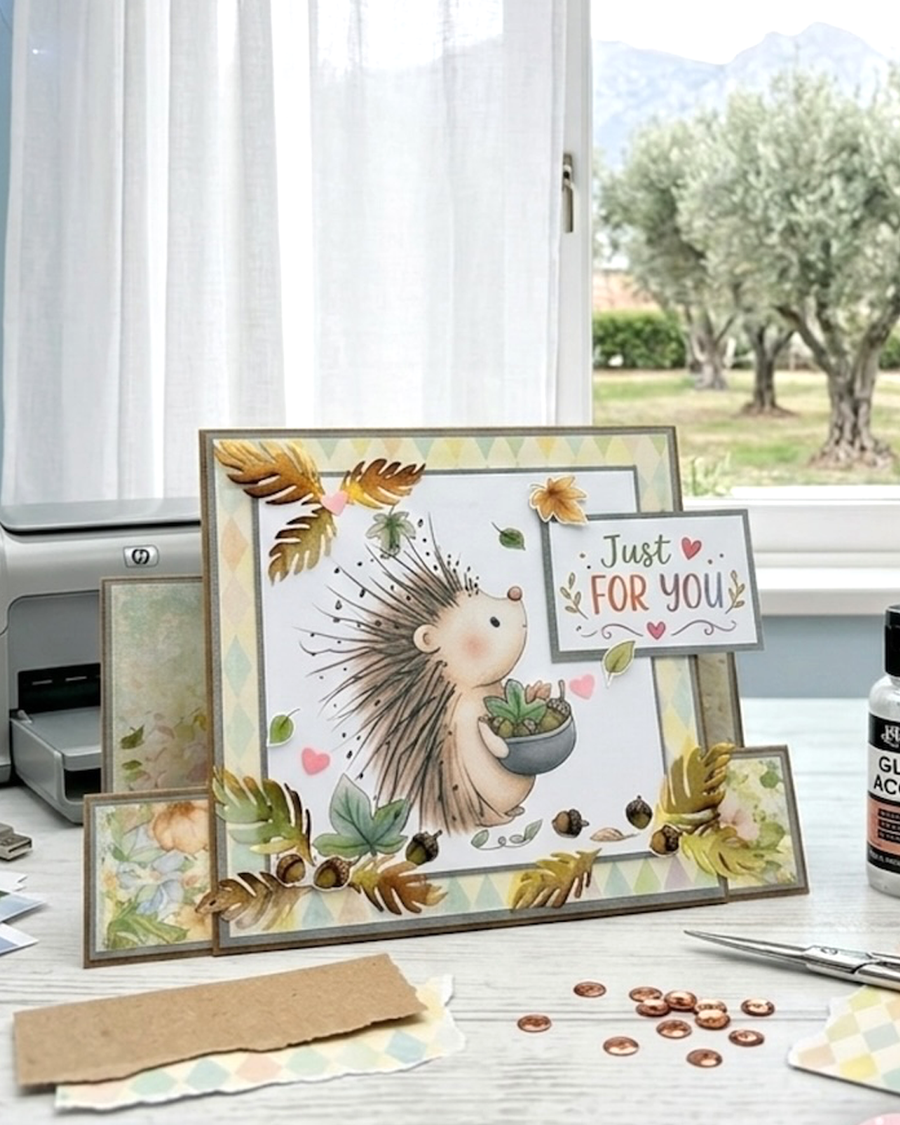 Black and white printable digital stamp of a cute hedgehog holding a bowl of acorns and Fall leaves, surrounded by falling leaves and acorns from the Polkadoodles Hello Autumn collection.