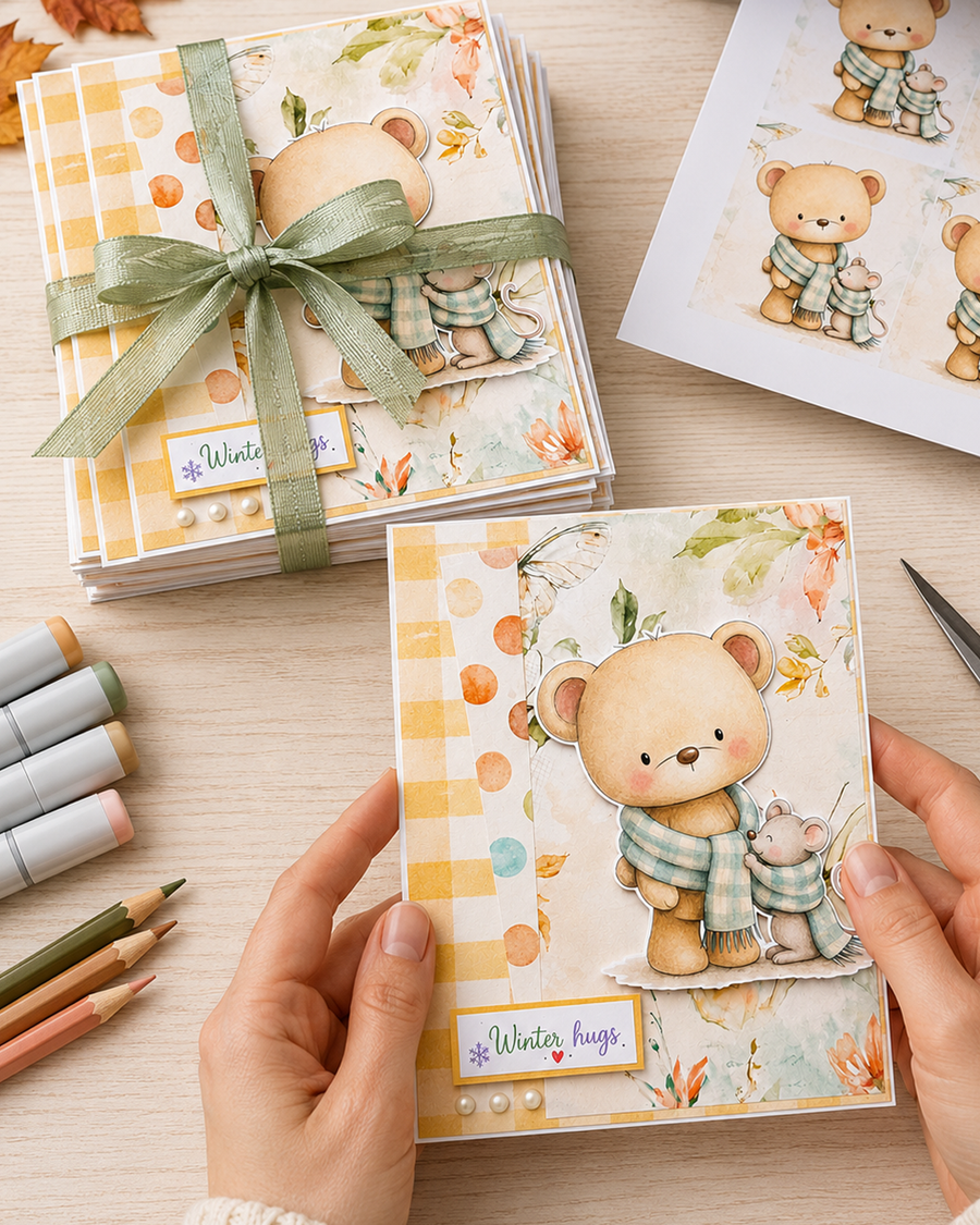 Black and white printable digital stamp of a cute bear sharing a long cosy scarf with a little mouse friend from the Polkadoodles Hello Autumn woodland collection.