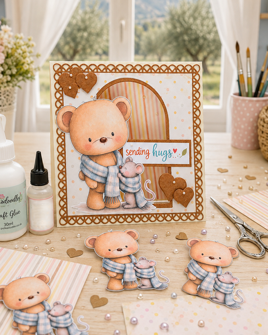 Pre-coloured printable clipart of a cute teddy bear sharing an aqua checked scarf with a little mouse friend, softly illustrated in a watercolour style from the Polkadoodles Hello Autumn collection.