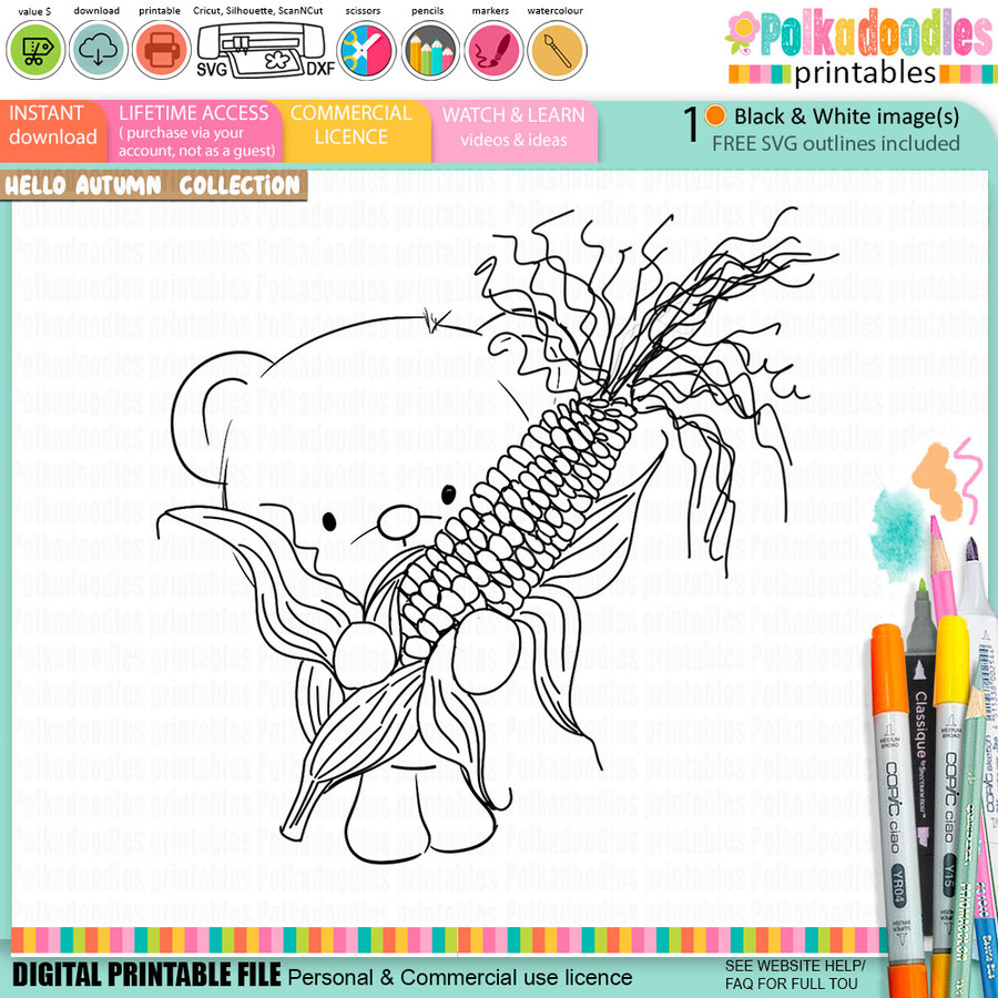 Bear Sweetcorn Harvest black and white digital stamp with a cute woodland teddy bear holding a giant corn on the cob, from the Hello Autumn collection. Fall and Autumn printable craft image for card making, scrapbooking, junk journals and paper crafts.