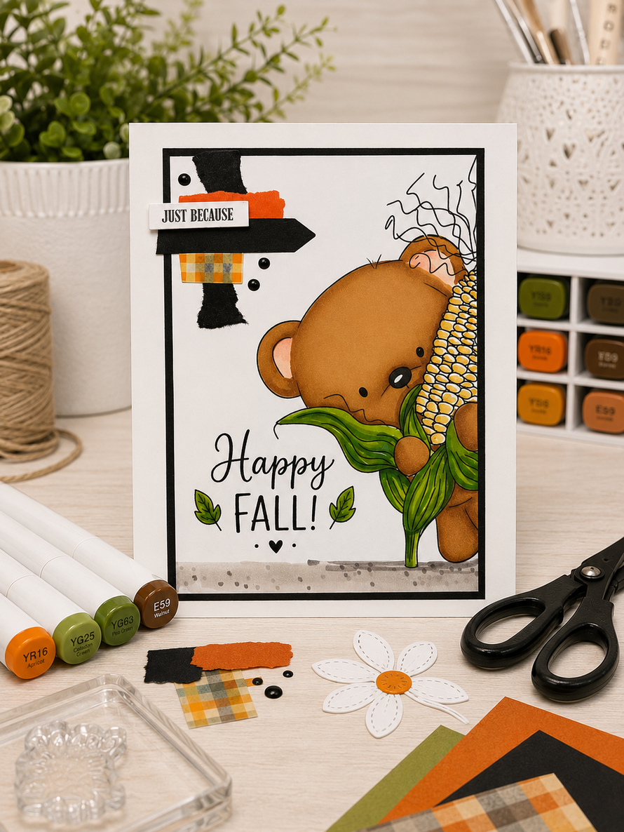 Bear Sweetcorn Harvest black and white digital stamp with a cute woodland teddy bear holding a giant corn on the cob, from the Hello Autumn collection. Fall and Autumn printable craft image for card making, scrapbooking, junk journals and paper crafts.