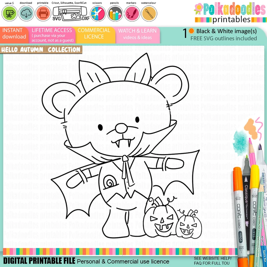 Bear Dracula Halloween black and white digital stamp featuring a cute teddy bear dressed as a vampire with fangs, bat-wing cape and jack-o'-lantern pumpkins. Hello Autumn cute Halloween and Fall printable digi for card making, scrapbooking, junk journaling and paper crafts.