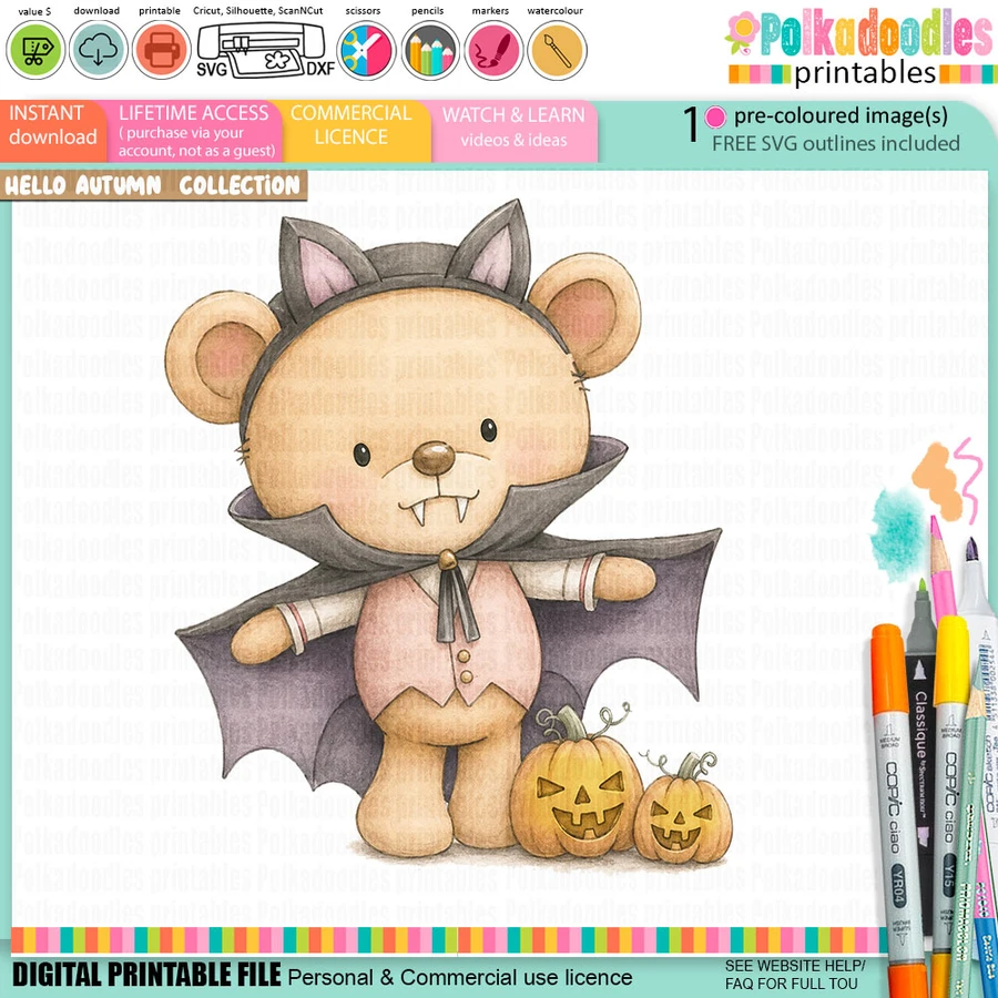 Bear Dracula Halloween pre-coloured clipart featuring a cute watercolour teddy bear dressed as a vampire with fangs, bat-wing cape, pink waistcoat and jack-o'-lantern pumpkins. Hello Autumn cute Halloween and Fall printable clipart for card making, scrapbooking, junk journaling and paper crafts.
