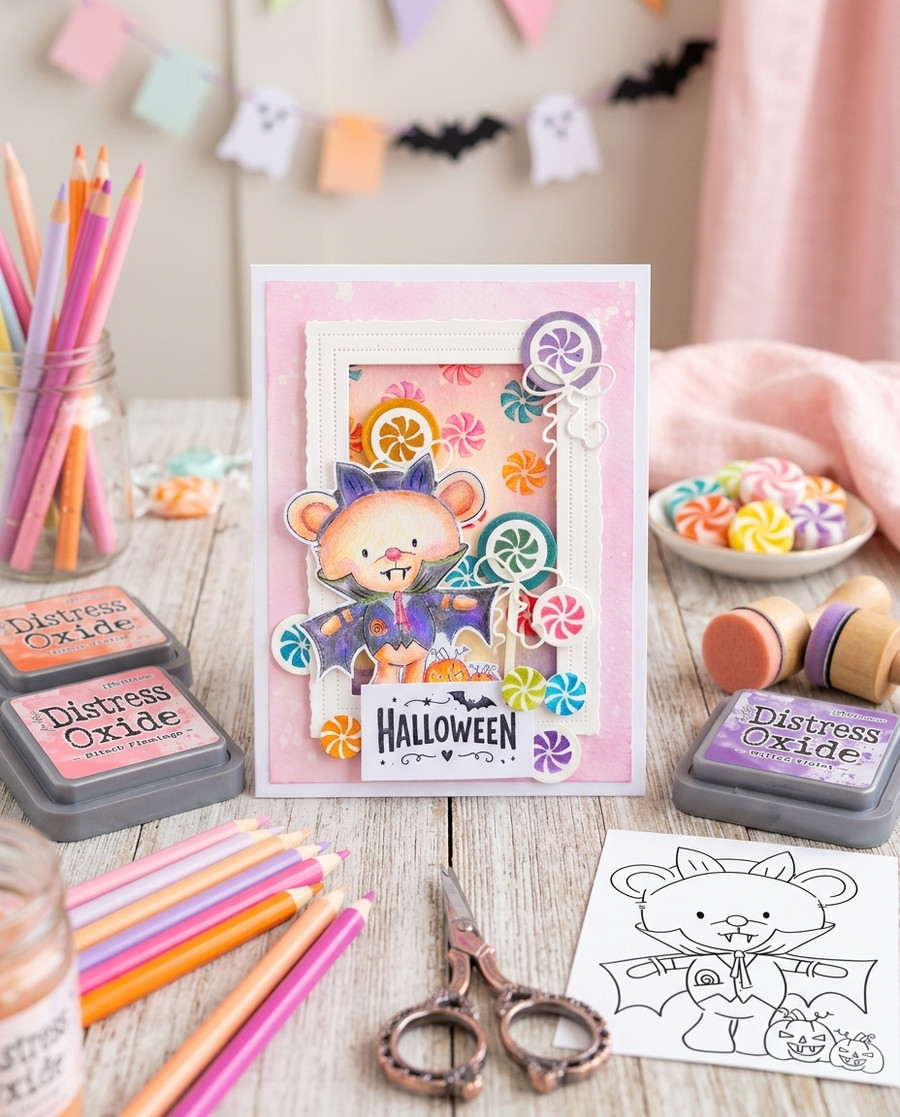 Bear Dracula Halloween pre-coloured clipart featuring a cute watercolour teddy bear dressed as a vampire with fangs, bat-wing cape, pink waistcoat and jack-o'-lantern pumpkins. Hello Autumn cute Halloween and Fall printable clipart for card making, scrapbooking, junk journaling and paper crafts.
