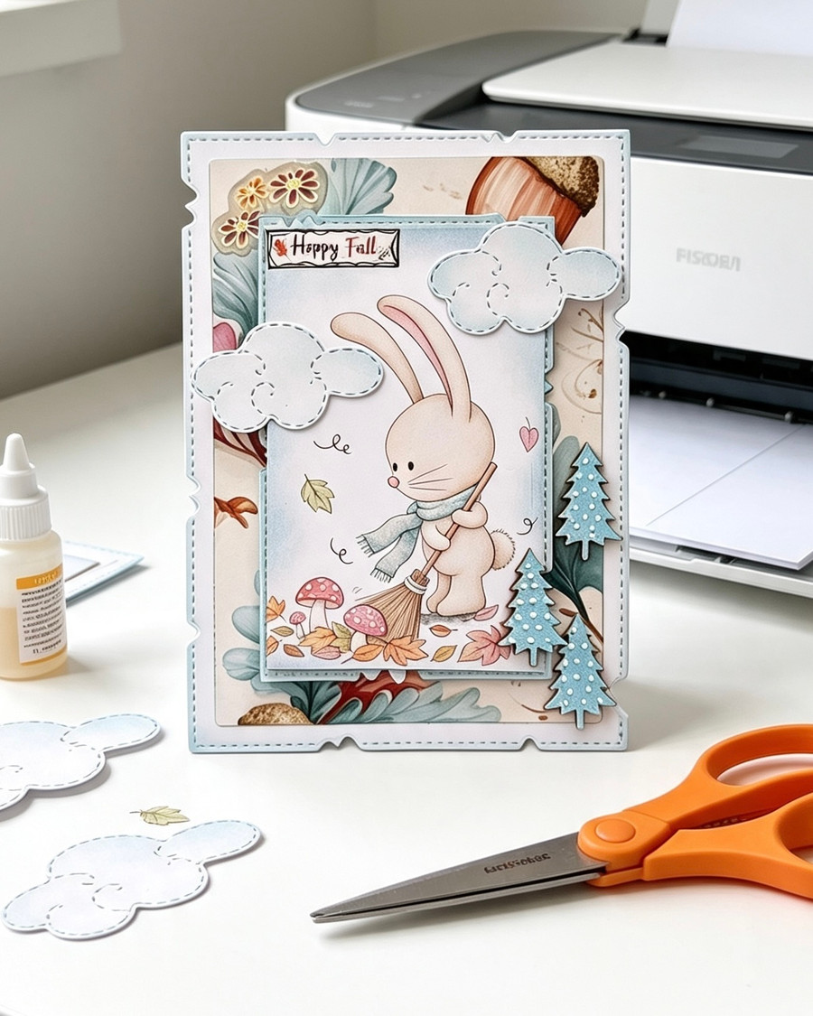 Cute bunny sweeping leaves black and white digital stamp, Fall Autumn rabbit printable colouring image with scarf, broom, leaves and toadstools for card making, scrapbooking and paper crafts.