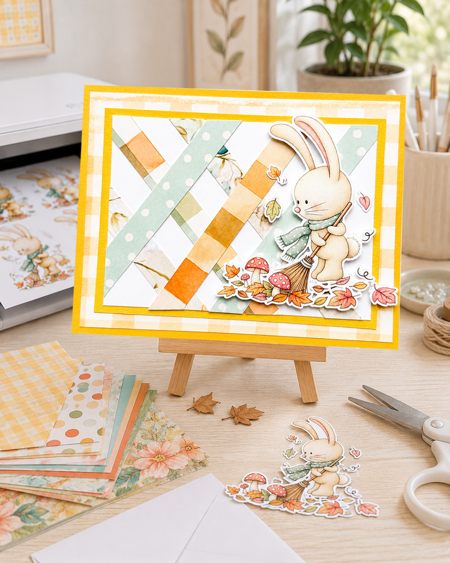 Cute bunny sweeping leaves black and white digital stamp, Fall Autumn rabbit printable colouring image with scarf, broom, leaves and toadstools for card making, scrapbooking and paper crafts.