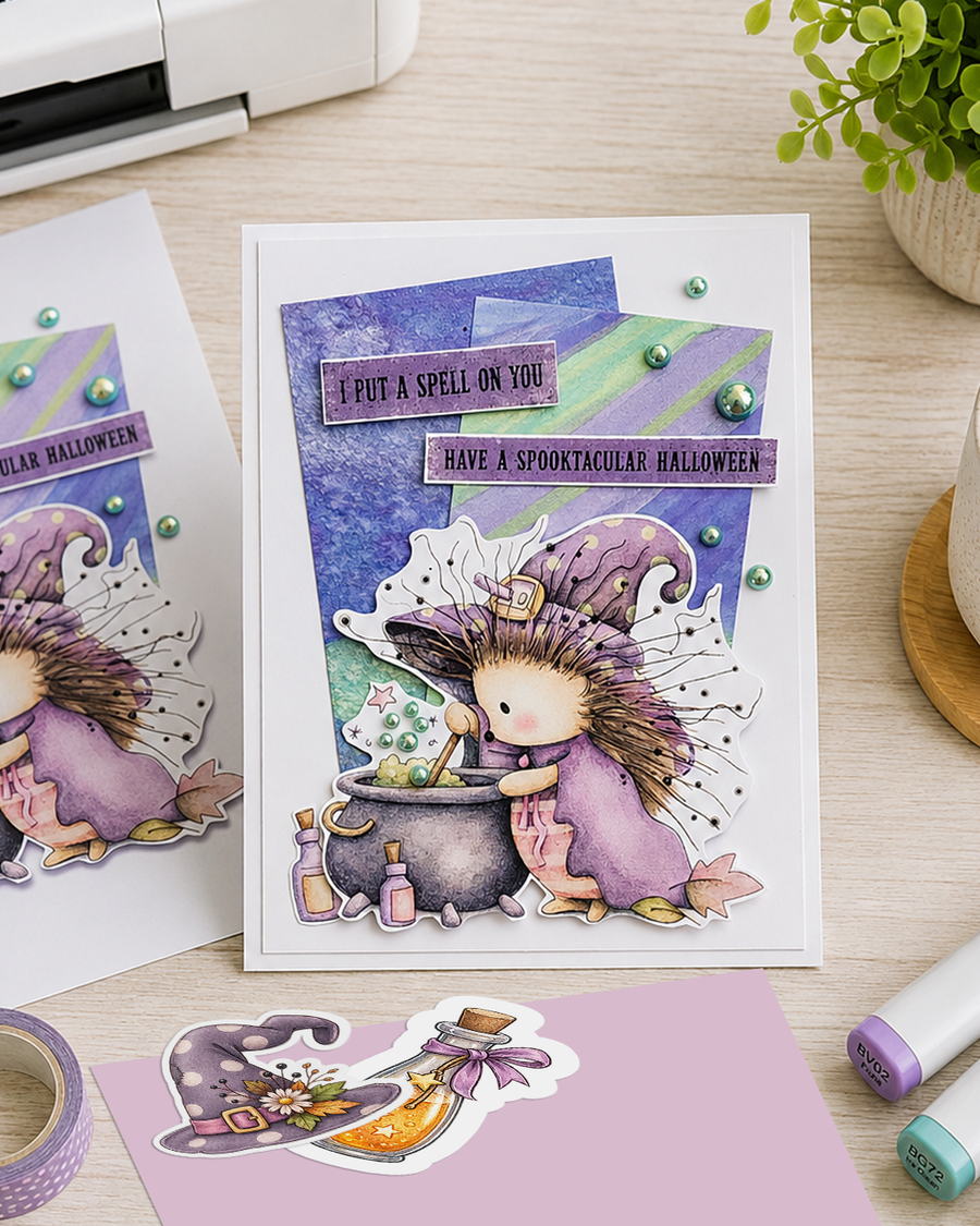 Cute hedgehog witch Halloween black and white digital stamp with witch hat, bubbling cauldron, magic potion bottles and leaves, Fall Autumn woodland printable for card making, colouring, scrapbooking and paper crafts.