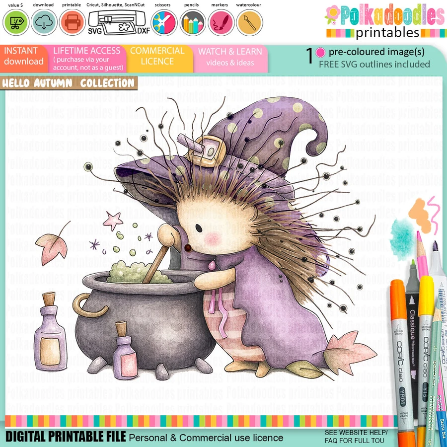 Cute hedgehog witch Halloween pre-coloured clipart with purple witch hat, magic bubbling cauldron, potion bottles and Fall leaves, Autumn woodland printable for card making, scrapbooking and paper crafts.