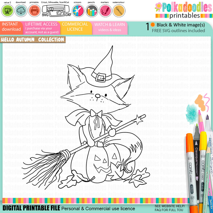 Cute fox witch pumpkin Halloween black and white digital stamp with witch hat, broomstick, jack-o'-lantern and Fall leaves, Autumn woodland printable for card making, colouring, scrapbooking and paper crafts.