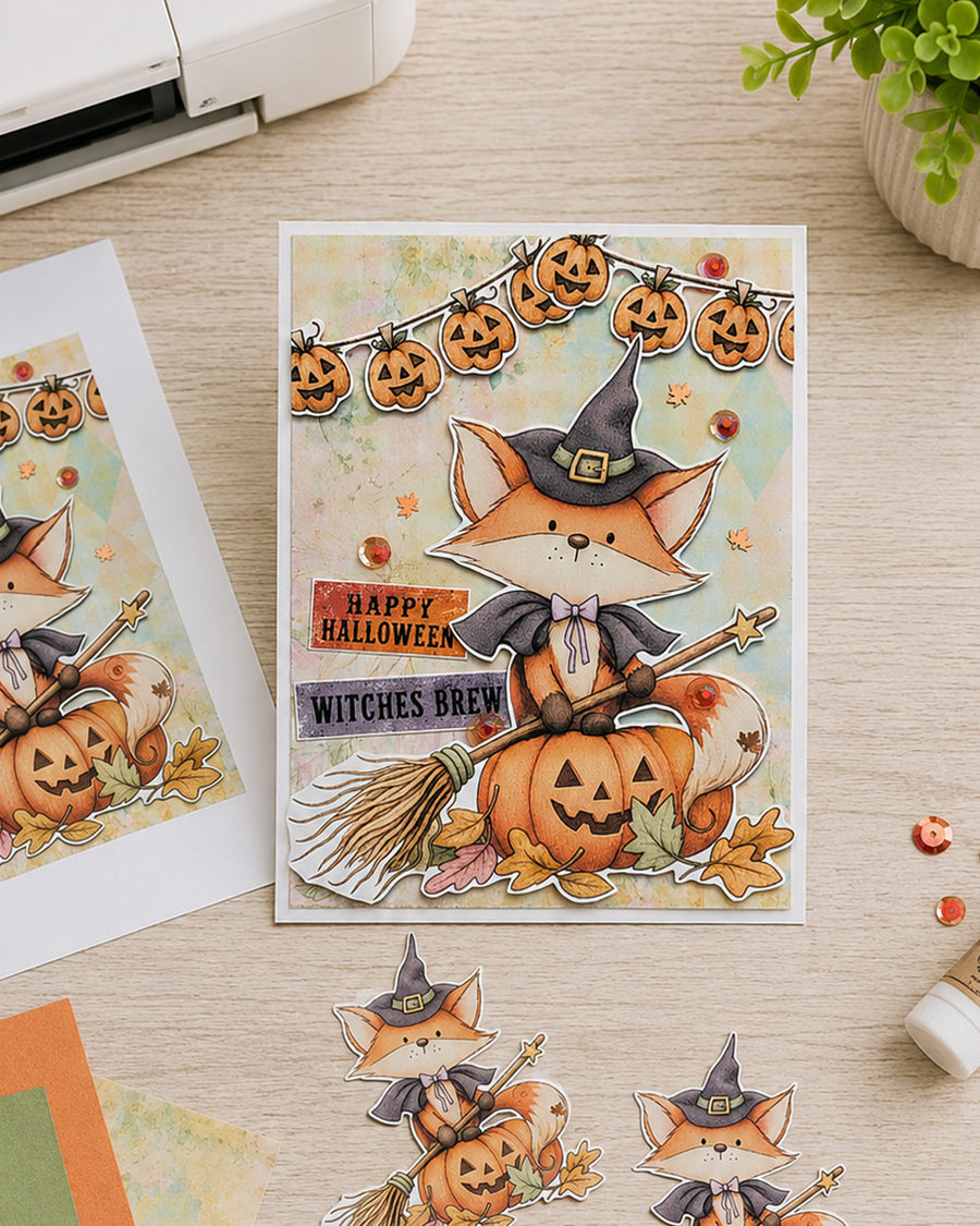 Cute fox witch pumpkin Halloween black and white digital stamp with witch hat, broomstick, jack-o'-lantern and Fall leaves, Autumn woodland printable for card making, colouring, scrapbooking and paper crafts.