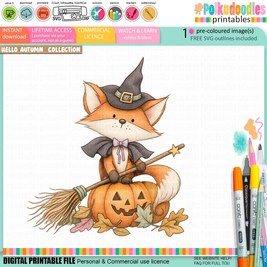 Cute fox witch pumpkin Halloween pre-coloured clipart with witch hat, magical star broomstick, jack-o'-lantern pumpkin and colourful Fall leaves, Autumn woodland printable for card making, scrapbooking and paper crafts.