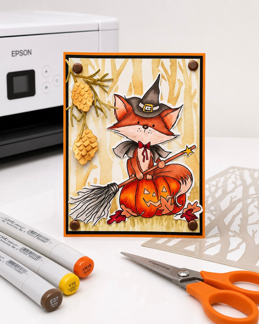 Cute fox witch pumpkin Halloween black and white digital stamp with witch hat, broomstick, jack-o'-lantern and Fall leaves, Autumn woodland printable for card making, colouring, scrapbooking and paper crafts.