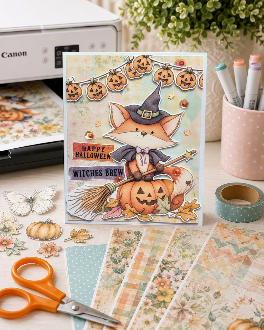 Cute fox witch pumpkin Halloween black and white digital stamp with witch hat, broomstick, jack-o'-lantern and Fall leaves, Autumn woodland printable for card making, colouring, scrapbooking and paper crafts.