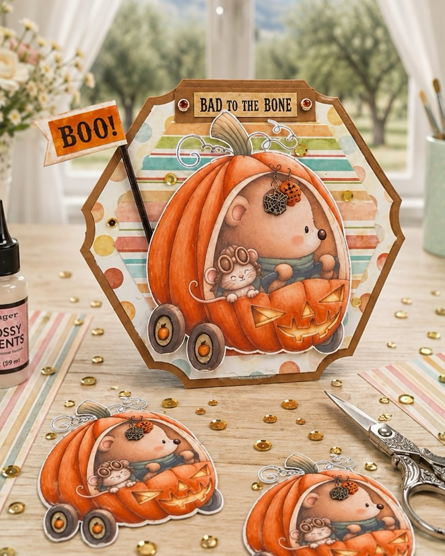 Cute bear and mouse pumpkin car Halloween pre-coloured clipart featuring woodland animals riding in an orange jack-o'-lantern pumpkin vehicle with glowing lights, bat steering wheel, hanging dice and pumpkin wheels.