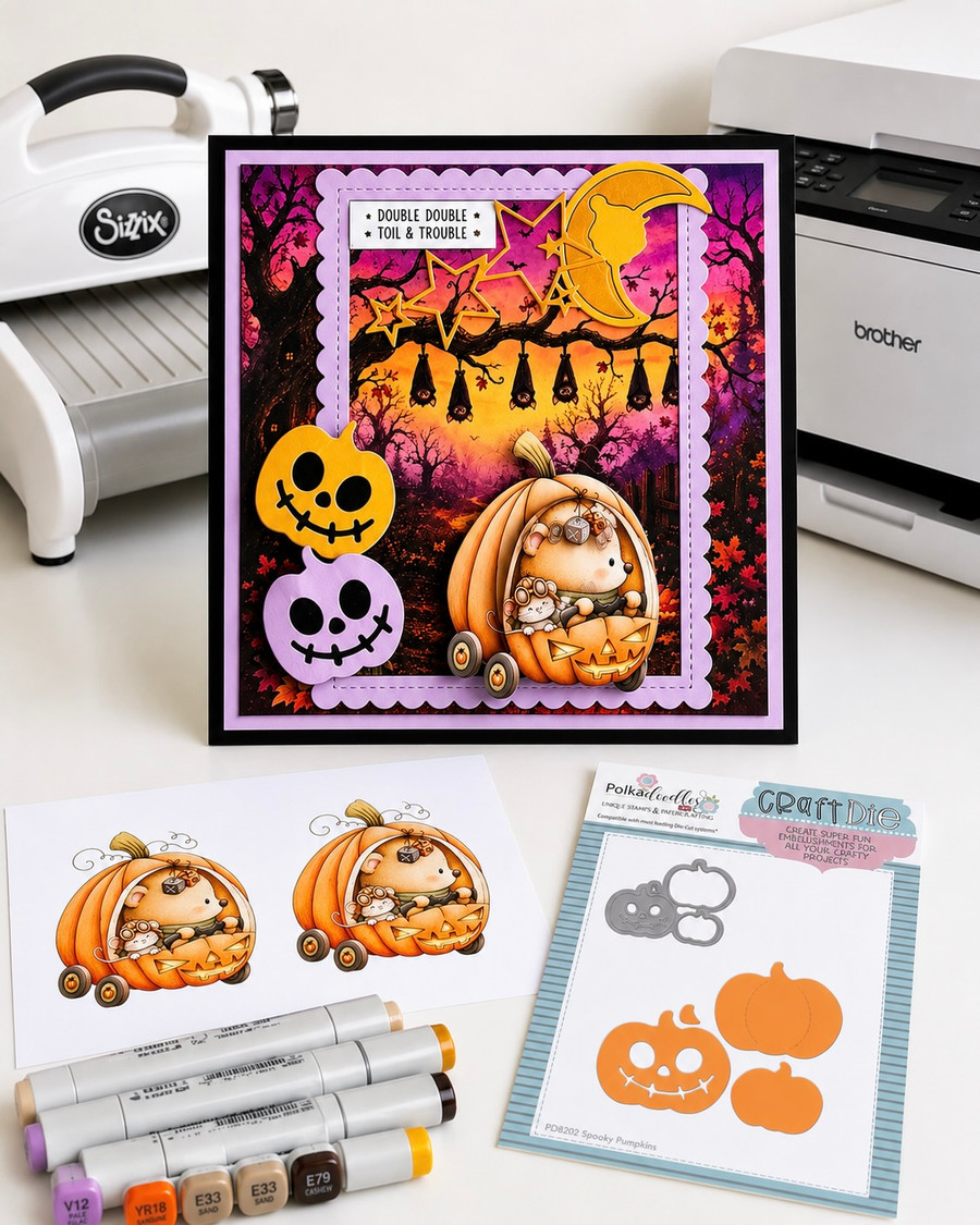 Cute bear and mouse pumpkin car Halloween black and white digital stamp featuring woodland animals riding in a jack-o'-lantern pumpkin vehicle with bat steering wheel, hanging dice and pumpkin wheels.
