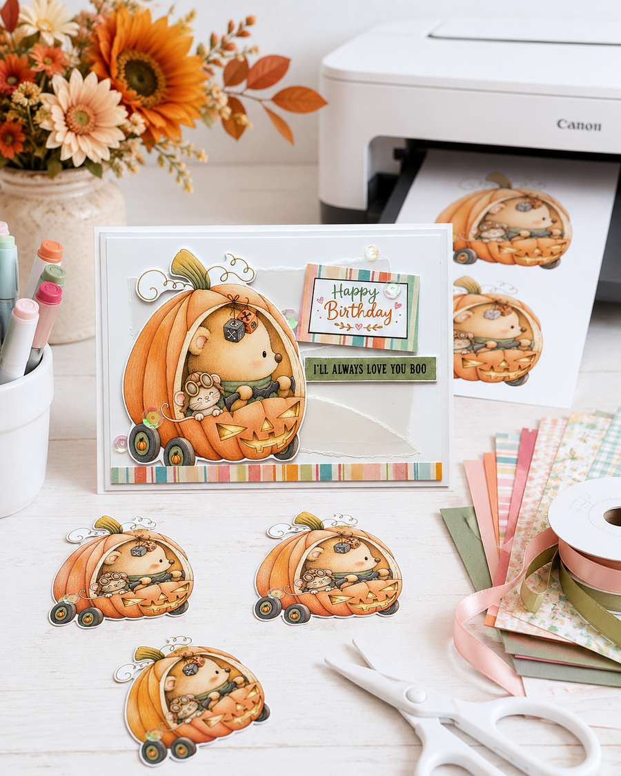 Cute bear and mouse pumpkin car Halloween black and white digital stamp featuring woodland animals riding in a jack-o'-lantern pumpkin vehicle with bat steering wheel, hanging dice and pumpkin wheels.