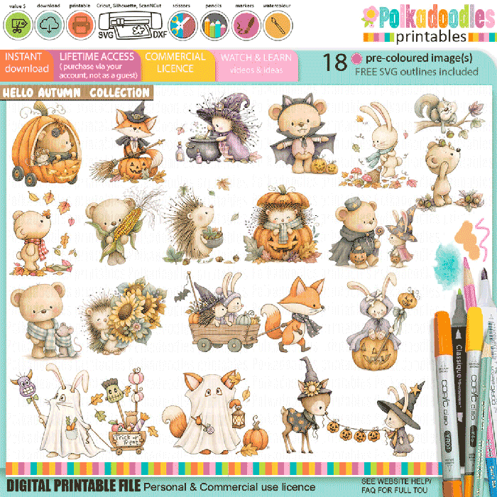 Hello Autumn Big Kahuna printable craft bundle with over 300 cute woodland animal elements including 18 black and white digital stamps, 18 pre-coloured clipart images, SVG files, 110+ patterned papers, 10 scenes, toppers and over 160 greetings for Autumn, Fall and Halloween crafts.