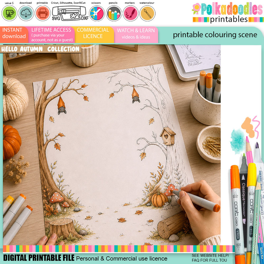 12 Autumn & Halloween Colouring Page Scenes Bundle – Fall Printable Colouring Pages for Card Making & Crafts for Card Making & Paper Crafts