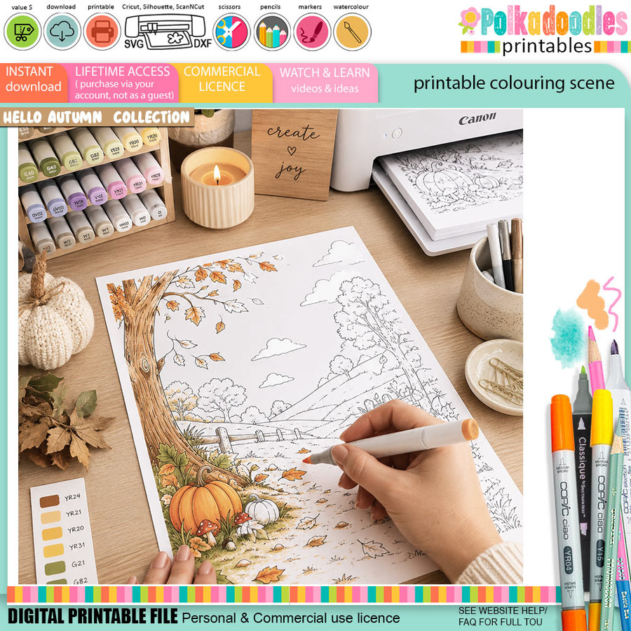 12 Autumn & Halloween Colouring Page Scenes Bundle – Fall Printable Colouring Pages for Card Making & Crafts for Card Making & Paper Crafts