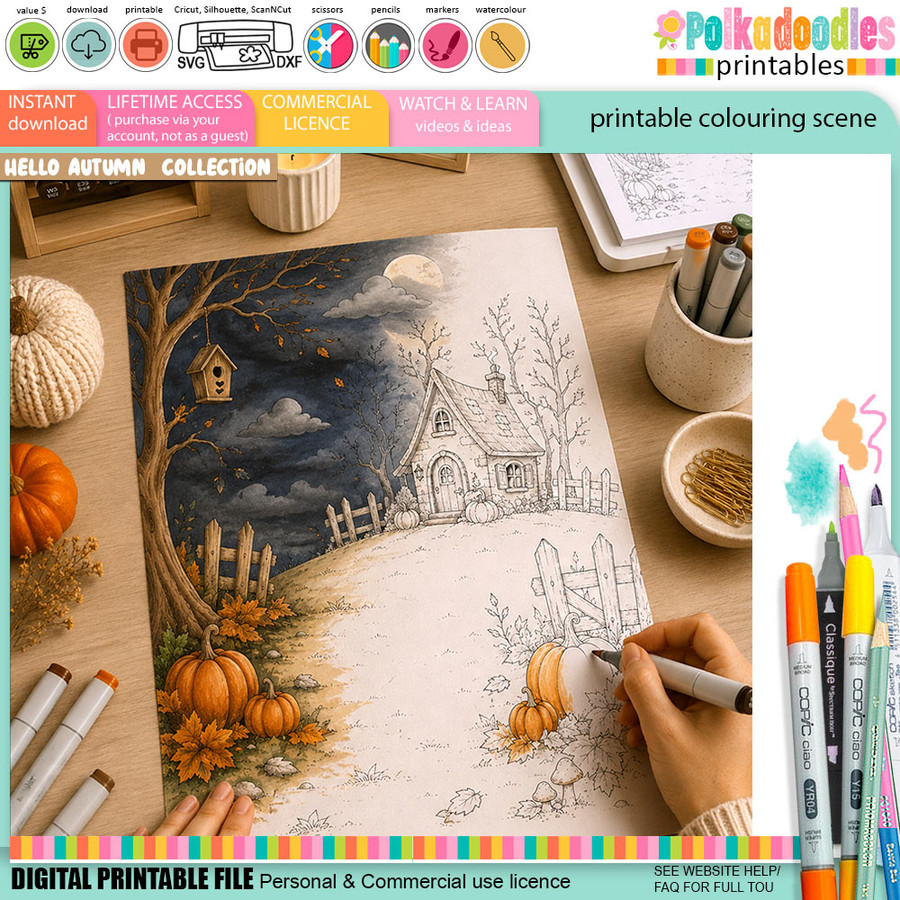 Creepy Cottage Halloween black and white printable colouring scene featuring a cottage, winding path, pumpkins, autumn leaves, fences, trees and moonlit sky for colouring, card making and paper crafts.