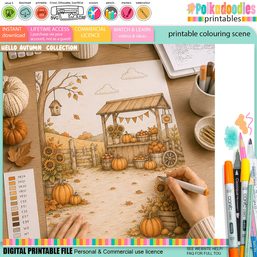 Autumn market stall printable colouring scene featuring pumpkins, sunflowers, baskets, rustic wooden stall, country fence, falling leaves and open space for adding digital stamp characters.