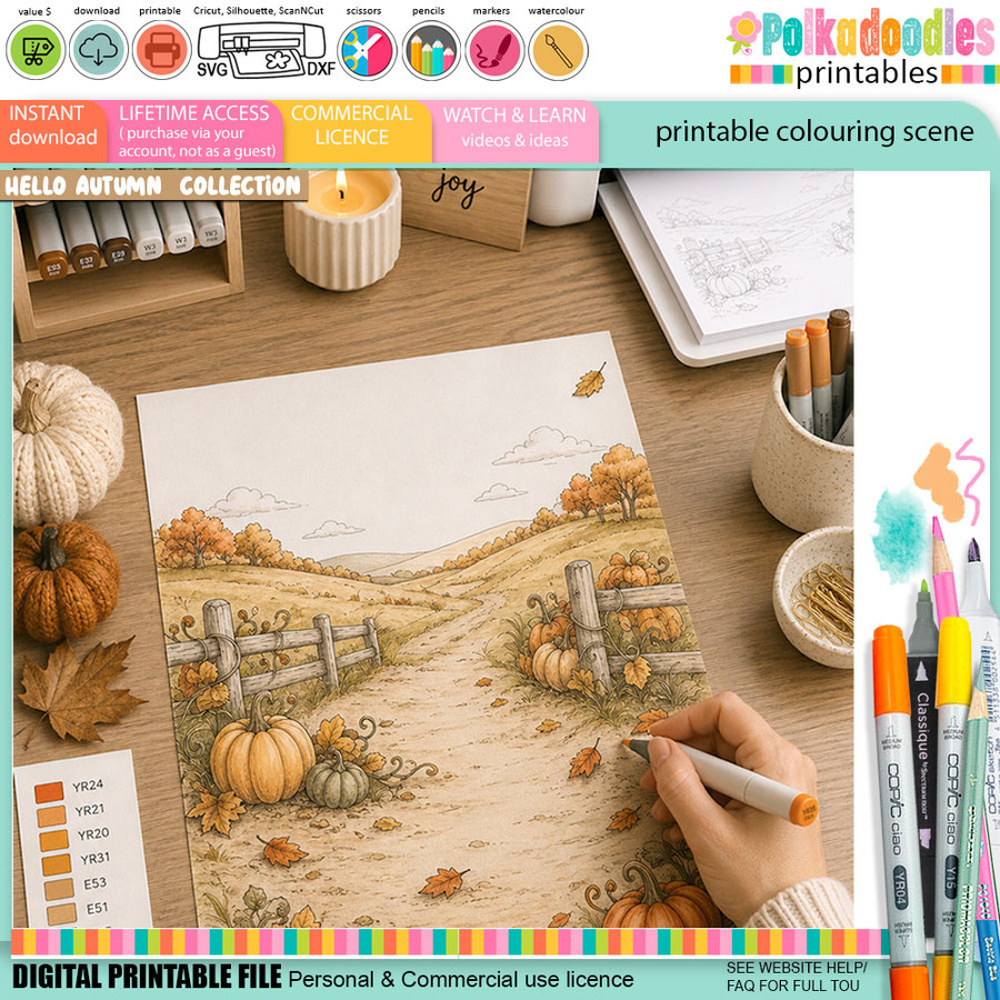 Pumpkin Walk Autumn colouring scene digital download featuring a country path, pumpkins, wooden fences, rolling fields, fall trees and leaves. Printable A4 colouring background download for card making and crafts.