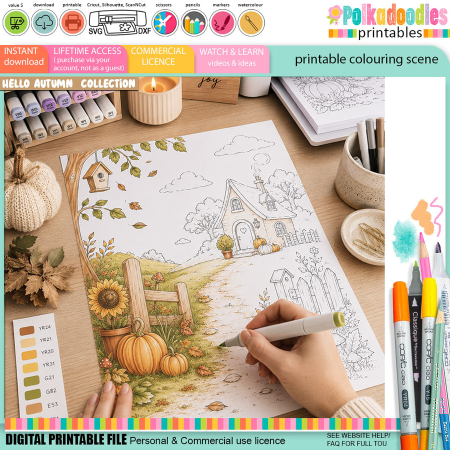 Cottage colouring scene digital download featuring a cute country cottage, winding path, pumpkins, sunflowers, fences, birdhouses and autumn leaves. A4 printable colouring background download for card making and crafts.