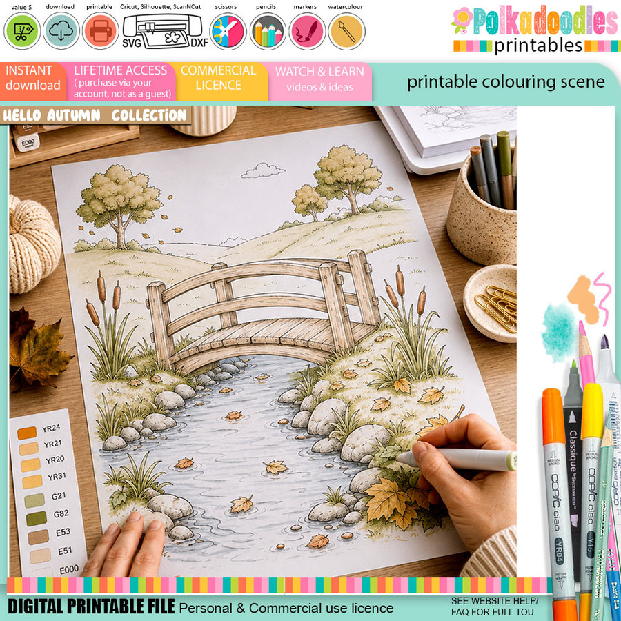 Country Bridge Autumn colouring scene digital download featuring a rustic wooden footbridge, flowing stream, rocks, reeds, falling leaves and countryside hills. A4 printable colouring background download for card making and crafts.