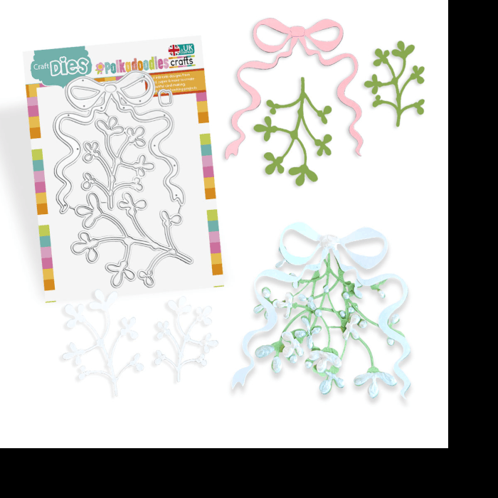 Sweet Mistletoe and Ribbon Christmas craft cutting dies with two mistletoe branches and large flowing bow for card making