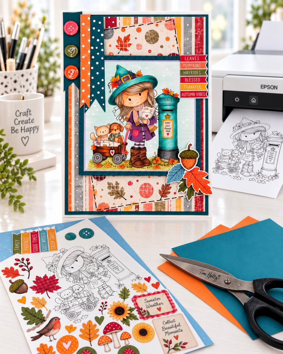 Autumn/Fall cute girl drawing with post box, cat and dog, black and white digital stamp for card making craft, coloring, junk journal images, digi scrapbooking and planner printables – digitale Stempel, digitale stempels