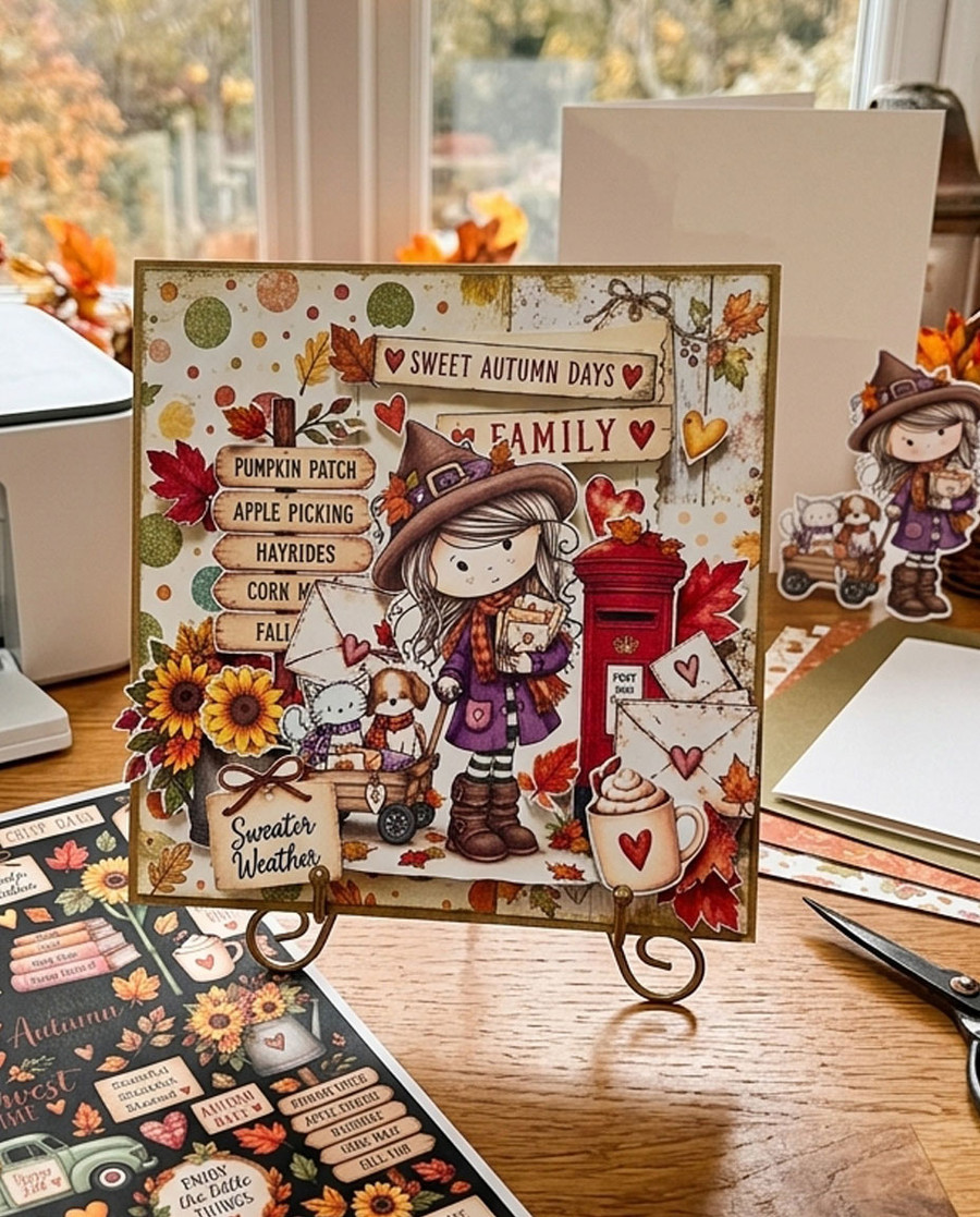 Autumn/Fall cute girl drawing with post box, cat and dog, black and white digital stamp for card making craft, coloring, junk journal images, digi scrapbooking and planner printables – digitale Stempel, digitale stempels