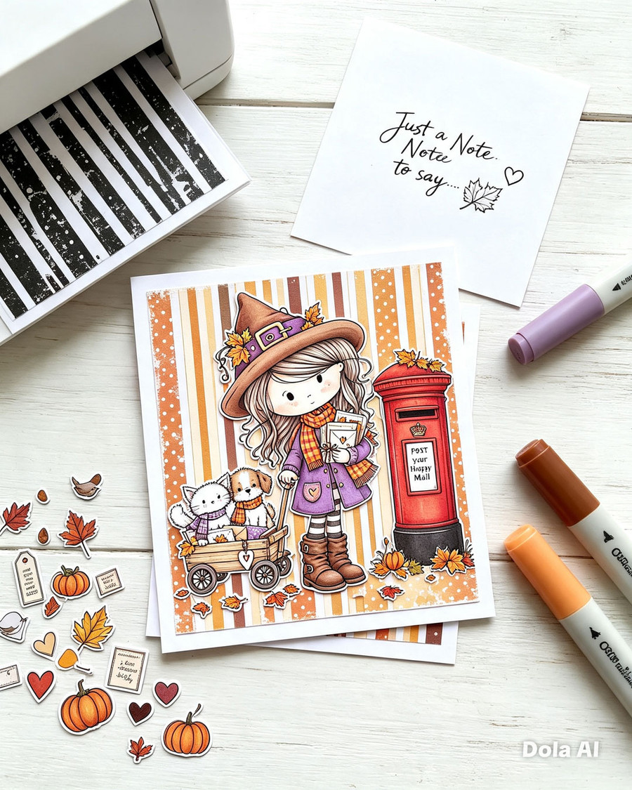 Autumn/Fall cute girl drawing with post box, cat and dog, black and white digital stamp for card making craft, coloring, junk journal images, digi scrapbooking and planner printables – digitale Stempel, digitale stempels