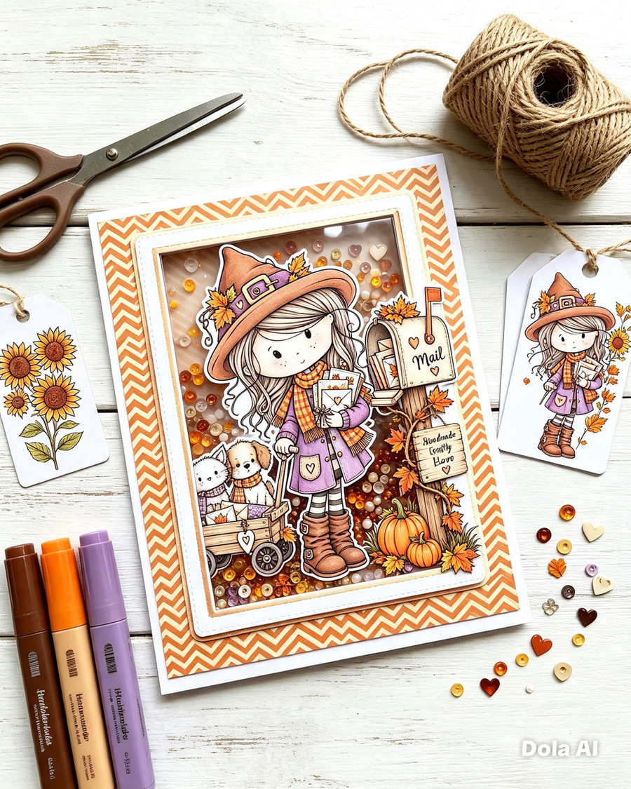 Autumn/Fall cute girl drawing with post box, cat and dog, black and white digital stamp for card making craft, coloring, junk journal images, digi scrapbooking and planner printables – digitale Stempel, digitale stempels