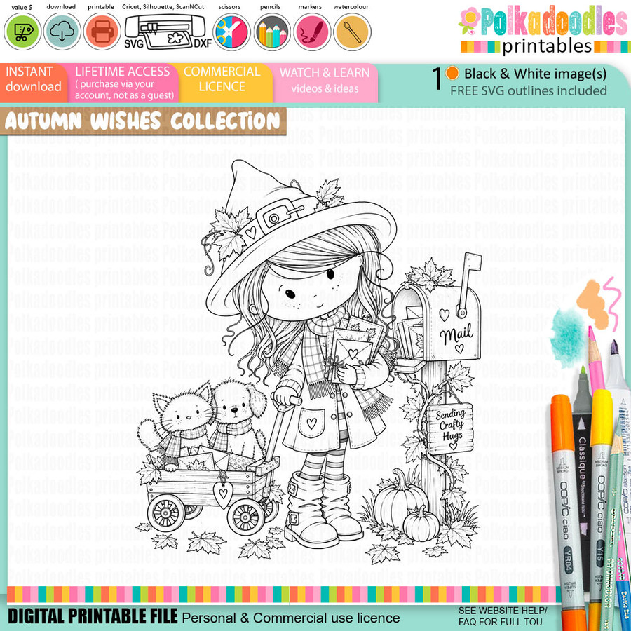 Happy Mail Autumn/Fall Winnie cute girl drawing with mail box, cat and dog, black and white digital stamp for card making craft, coloring, junk journal images, digi scrapbooking and planner printables – digitale Stempel, digitale stempels