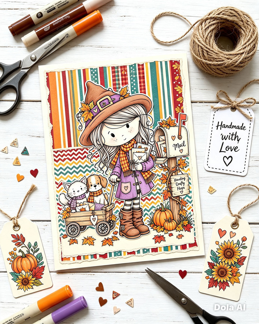 Happy Mail Autumn/Fall Winnie cute girl drawing with mail box, cat and dog, black and white digital stamp for card making craft, coloring, junk journal images, digi scrapbooking and planner printables – digitale Stempel, digitale stempels