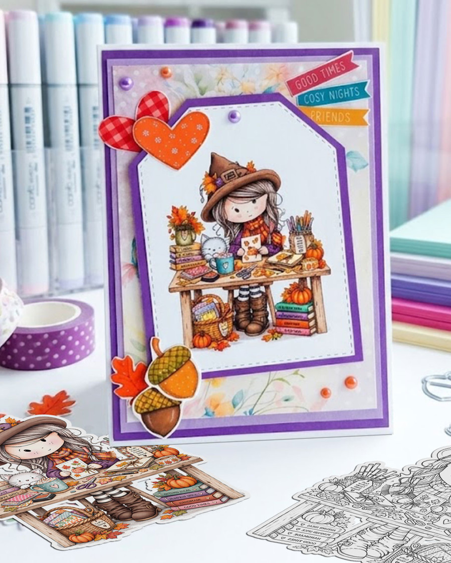 Autumn/Fall cute crafting girl drawing with cat, card making supplies, pencils, papers and pumpkins, black and white digital stamp for card making craft, coloring, junk journal images, digi scrapbooking and planner printables – digitale Stempel, digitale stempels