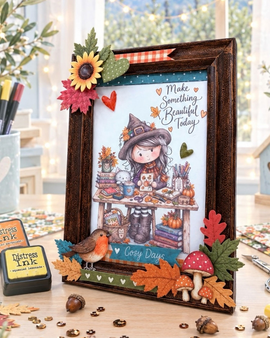 Autumn/Fall cute crafting girl drawing with cat, card making supplies, pencils, papers and pumpkins, black and white digital stamp for card making craft, coloring, junk journal images, digi scrapbooking and planner printables – digitale Stempel, digitale stempels