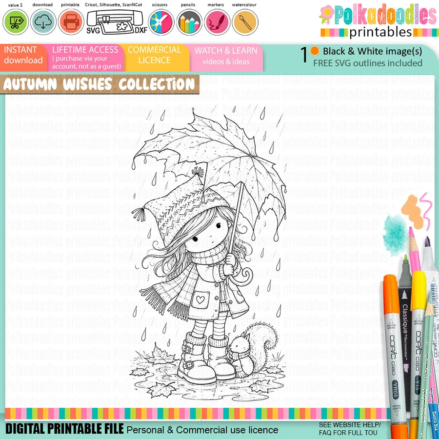 Autumn/Fall cute girl drawing under a leafy umbrella in the rain with squirrel, black and white digital stamp for card making craft, coloring, junk journal images, digi scrapbooking and planner printables – digitale Stempel, digitale stempels